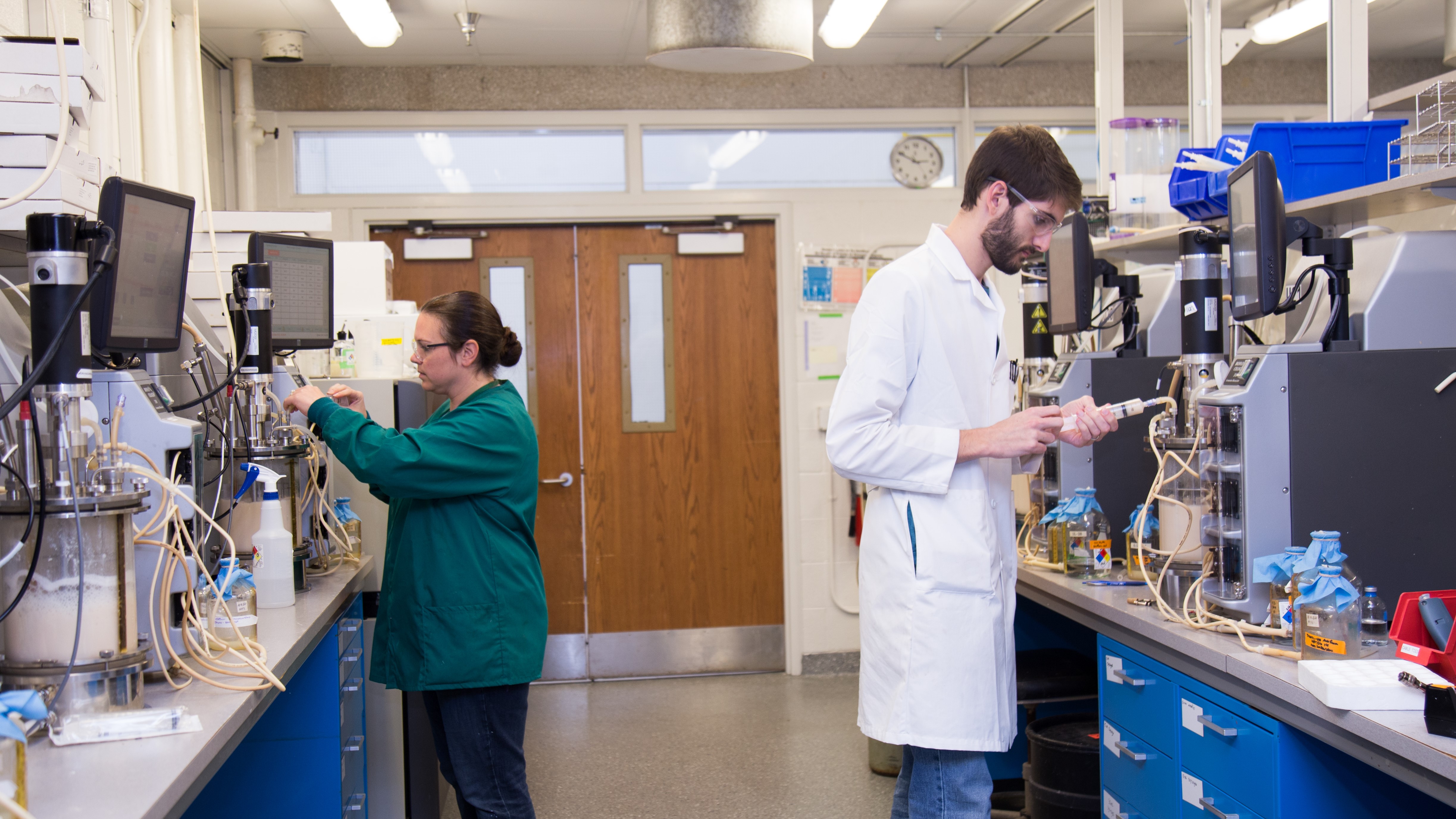 Scientists working on bench scale fermentation